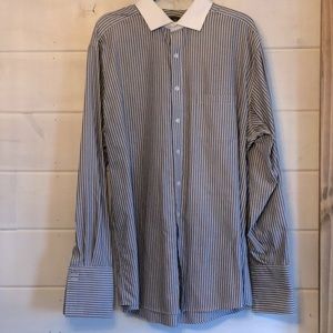 Gray Striped Contrast Collared French Cuff Shirt